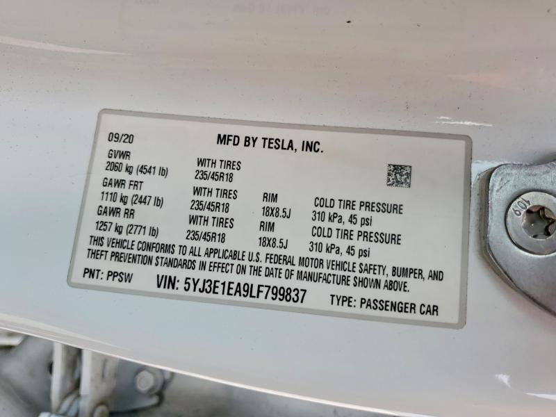 2020 Tesla Model 3 მანქანა იყიდება აუქციონზე, vin: 5YJ3E1EA9LF799837, აუქციონის ნომერი: 79897125