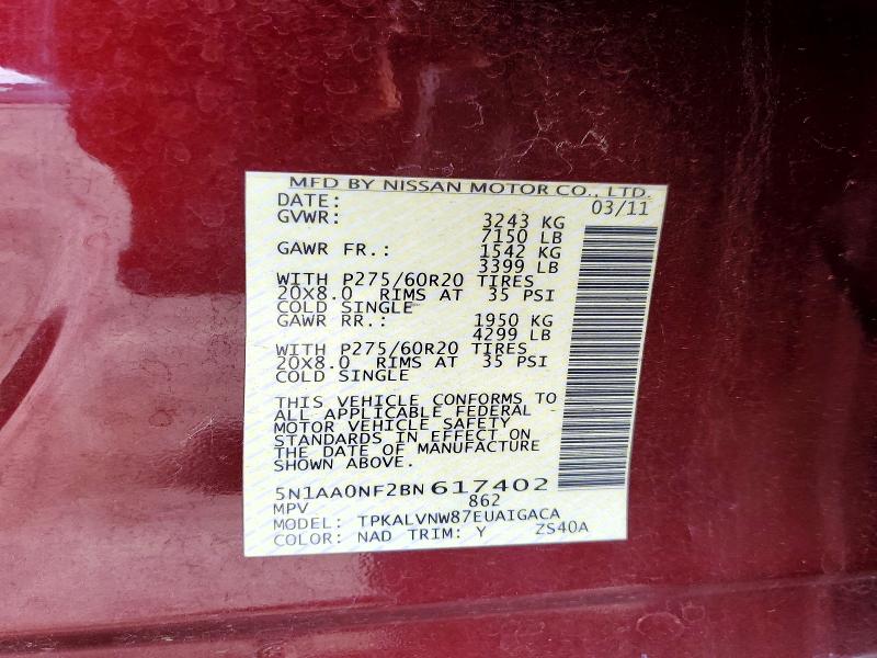 Aukcja sprzedaży 2011 Nissan Armada, vin: 5N1AA0NF2BN617402, numer aukcji: 41594556