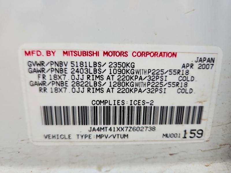 2007 Mitsubishi Outlander მანქანა იყიდება აუქციონზე, vin: JA4MT41XX7Z602738, აუქციონის ნომერი: 41987366