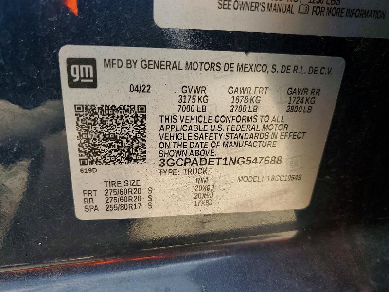 2022 Chevrolet Silverado მანქანა იყიდება აუქციონზე, vin: 3GCPADET1NG547688, აუქციონის ნომერი: 48010446