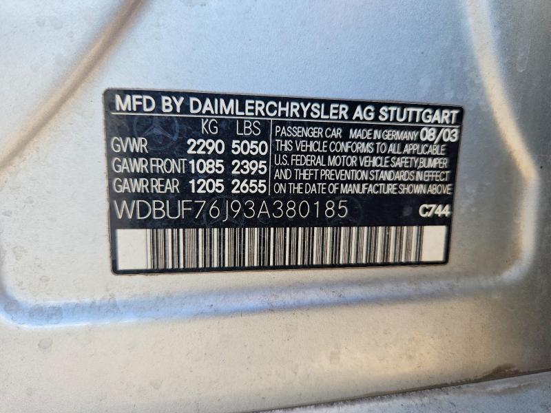 48166016 :رقم المزاد ، WDBUF76J93A380185 vin ، 2003 Mercedes-benz E مزاد بيع