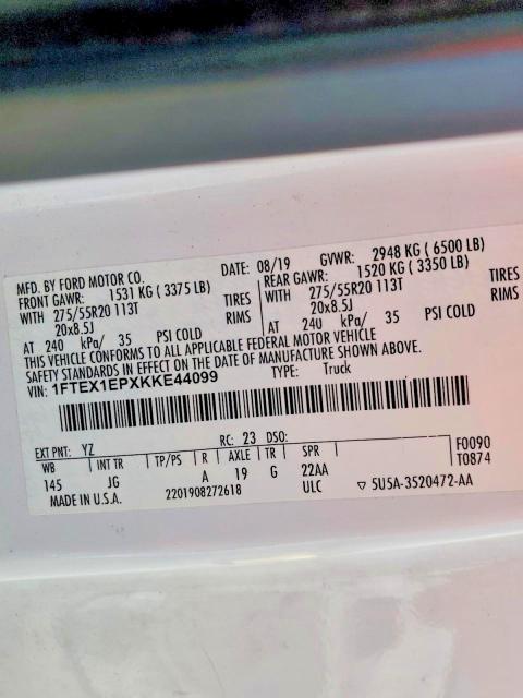79556795 :رقم المزاد ، 1FTEX1EPXKKE44099 vin ، 2019 Ford F150 مزاد بيع