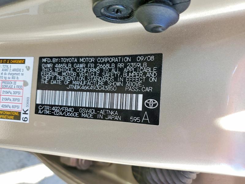 Aukcja sprzedaży 2009 Toyota Camry, vin: JTNBK46K493043850, numer aukcji: 79019985