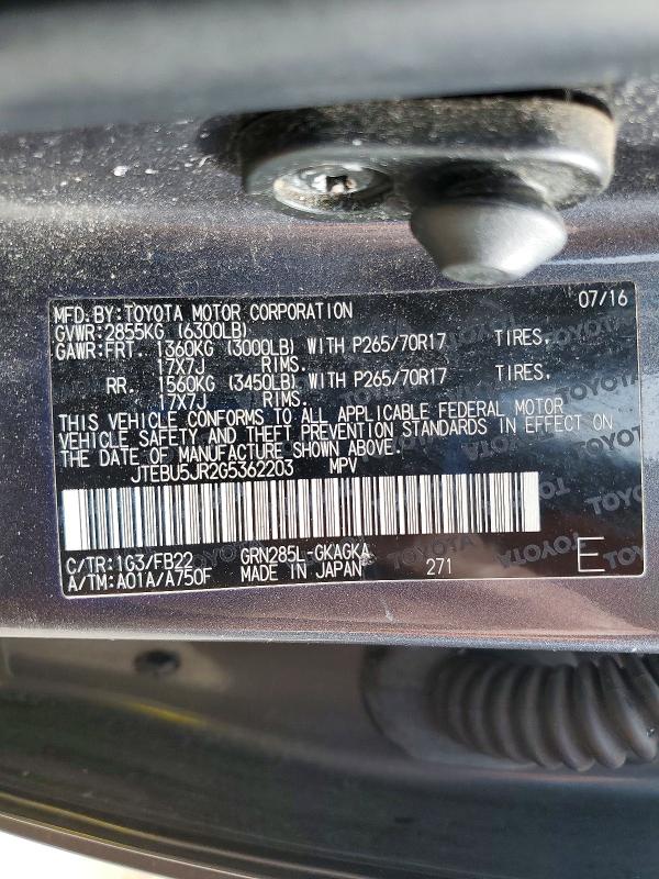 Продаж на аукціоні авто 2016 Toyota 4runner, vin: JTEBU5JR2G5362203, номер лоту: 46309086