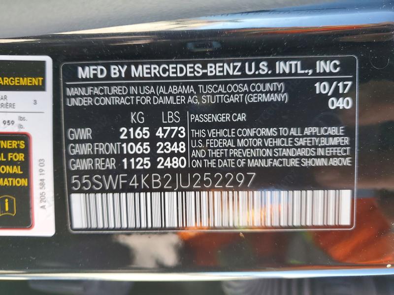 Aukcja sprzedaży 2018 Mercedes-benz C, vin: 55SWF4KB2JU252297, numer aukcji: 79784065