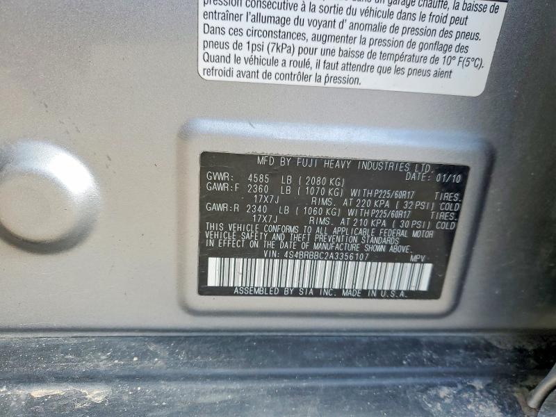 2010 Subaru Outback მანქანა იყიდება აუქციონზე, vin: 4S4BRBBC2A3356107, აუქციონის ნომერი: 45571666