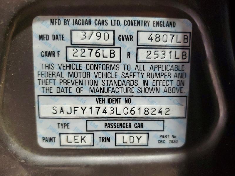 1990 Jaguar Xj6 მანქანა იყიდება აუქციონზე, vin: SAJFY1743LC618242, აუქციონის ნომერი: 48008416