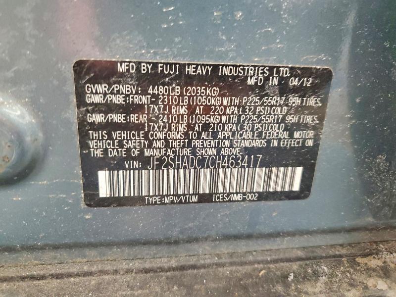 2012 Subaru Forester მანქანა იყიდება აუქციონზე, vin: JF2SHADC7CH463417, აუქციონის ნომერი: 79561705