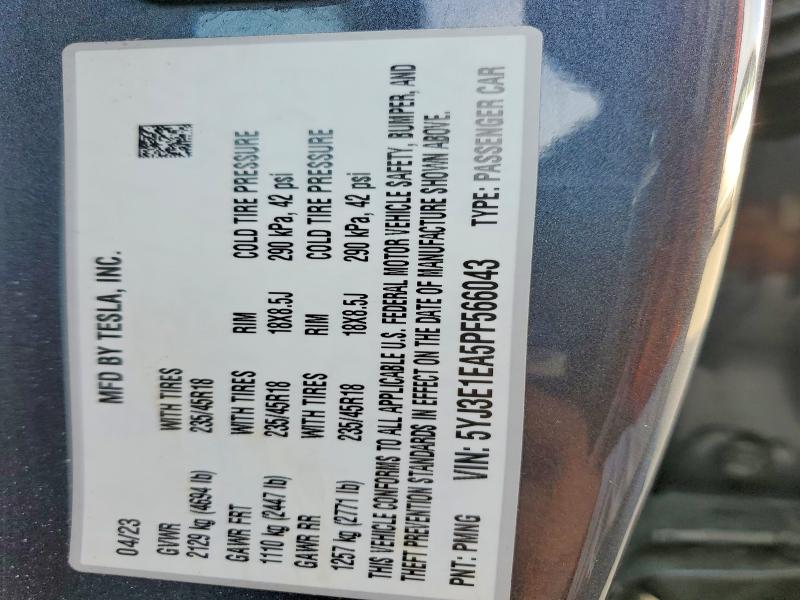 Продаж на аукціоні авто 2023 Tesla Model 3, vin: 5YJ3E1EA5PF566043, номер лоту: 47097646