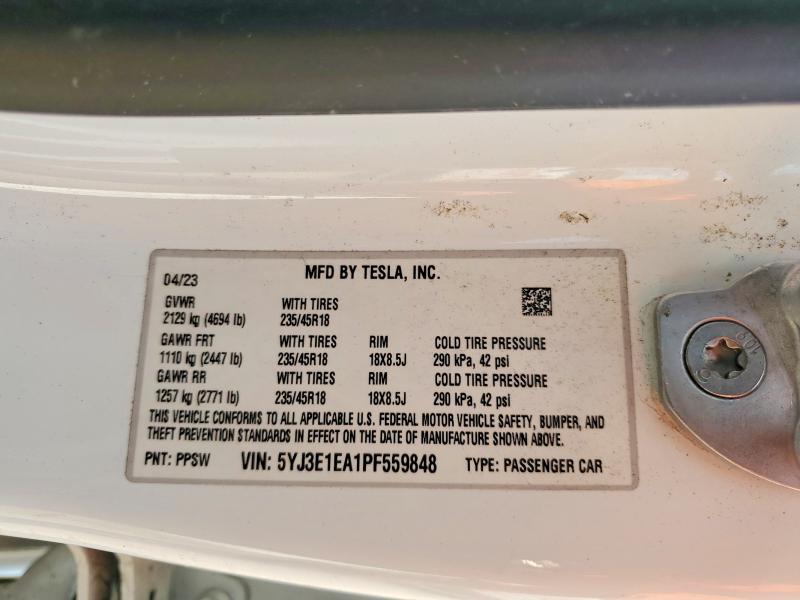 2023 Tesla Model 3 მანქანა იყიდება აუქციონზე, vin: 5YJ3E1EA1PF559848, აუქციონის ნომერი: 46923656