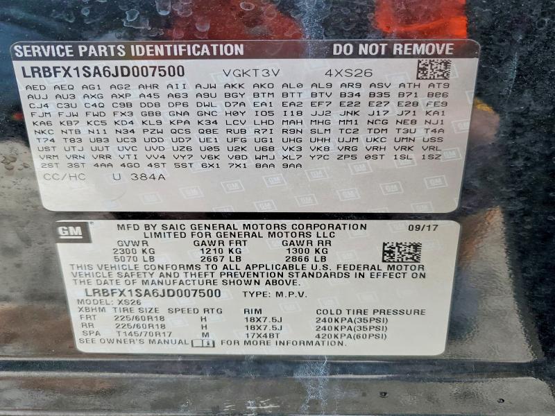 2018 Buick Envision მანქანა იყიდება აუქციონზე, vin: LRBFX1SA6JD007500, აუქციონის ნომერი: 79754205