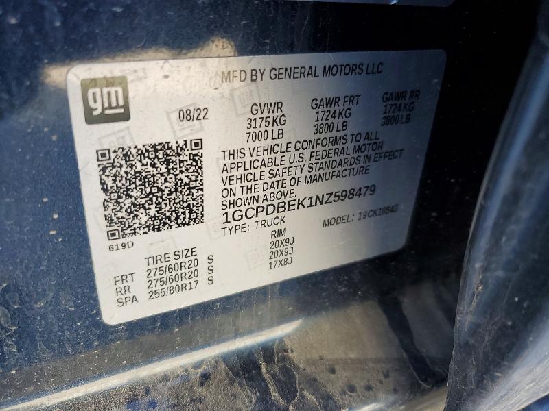 Aukcja sprzedaży 2022 Chevrolet Silverado, vin: 1GCPDBEK1NZ598479, numer aukcji: 42003886