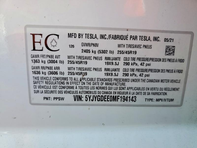 Продажа на аукционе авто 2021 Tesla Model Y, vin: 5YJYGDEE0MF194143, номер лота: 41863186