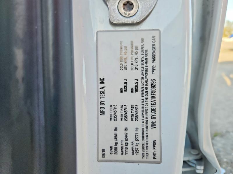 2019 Tesla 3 მანქანა იყიდება აუქციონზე, vin: 5YJ3E1EA1KF509296, აუქციონის ნომერი: 79739835