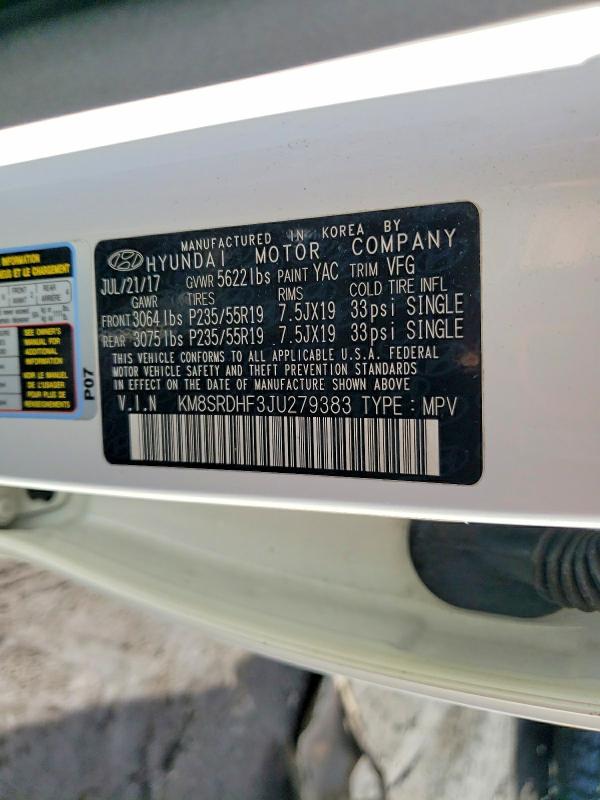 Aukcja sprzedaży 2018 Hyundai Santa Fe, vin: KM8SRDHF3JU279383, numer aukcji: 41948766