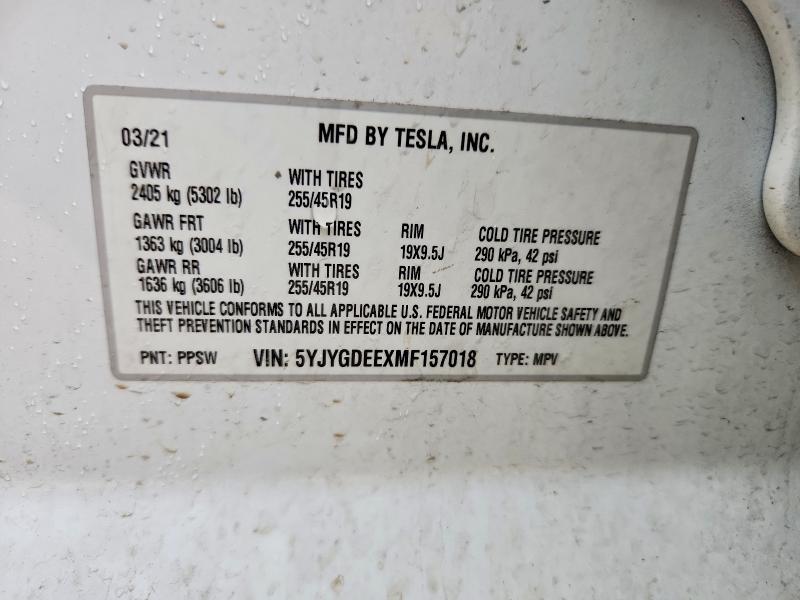 2021 Tesla Model Y მანქანა იყიდება აუქციონზე, vin: 5YJYGDEEXMF157018, აუქციონის ნომერი: 42065716