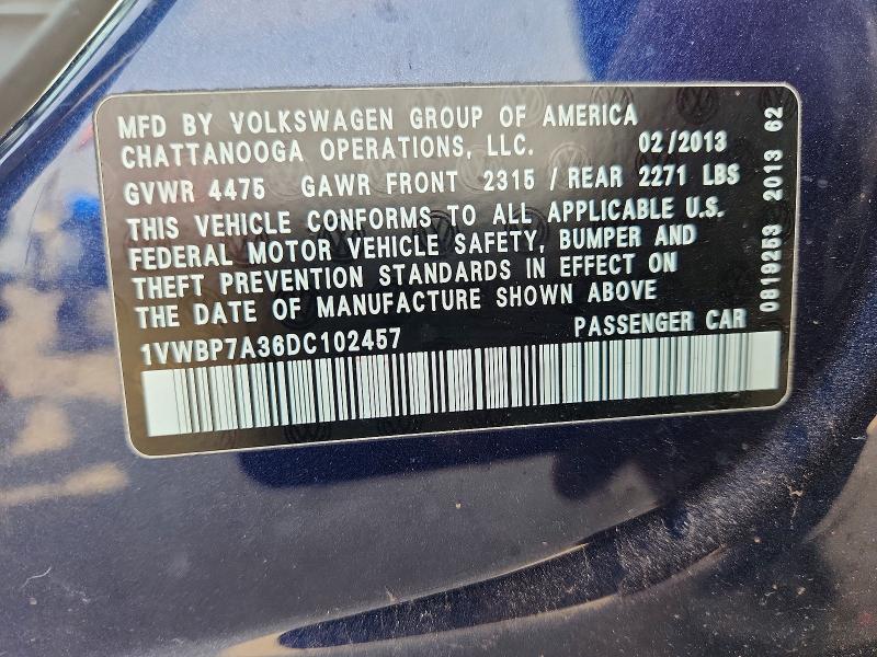 47245366 :رقم المزاد ، 1VWBP7A36DC102457 vin ، 2013 Volkswagen Passat مزاد بيع