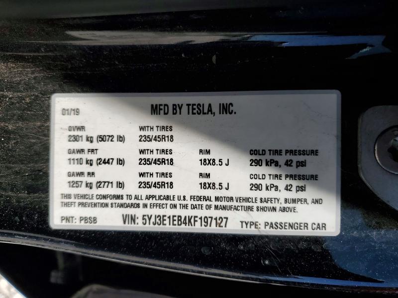 46930406 :رقم المزاد ، 5YJ3E1EB4KF197127 vin ، 2019 Tesla Model 3 مزاد بيع