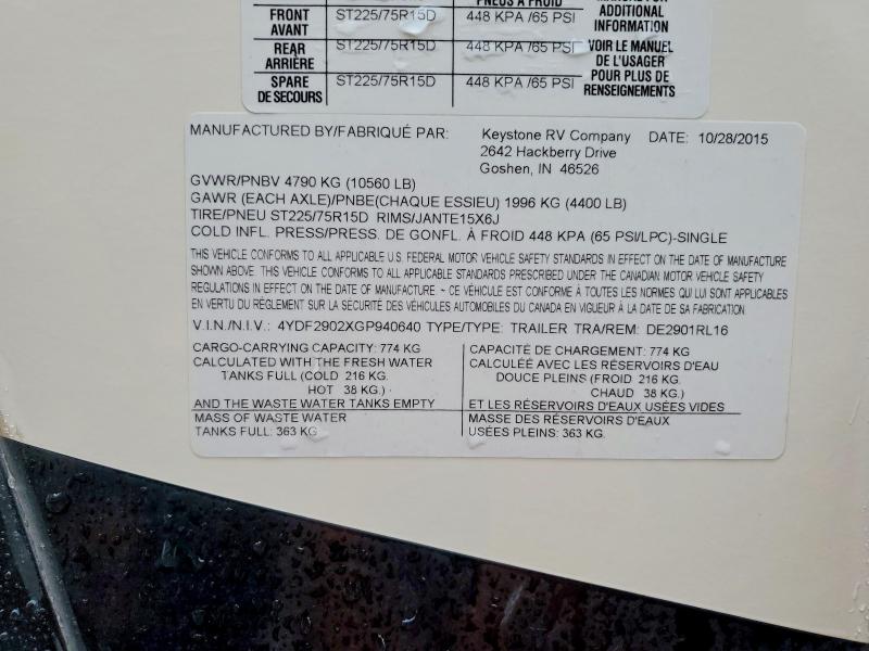 Aukcja sprzedaży 2016 Dutchman Denali Rv, vin: 4YDF2902XGP940640, numer aukcji: 48941666