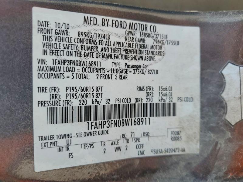 2011 Ford Focus მანქანა იყიდება აუქციონზე, vin: 1FAHP3FN0BW168911, აუქციონის ნომერი: 47406716
