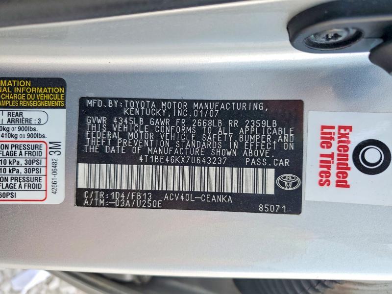 79606555 :رقم المزاد ، 4T1BE46KX7U643237 vin ، 2007 Toyota Camry مزاد بيع