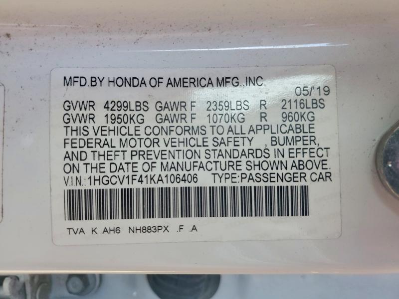 Продажа на аукционе авто 2019 Honda Accord, vin: 1HGCV1F41KA106406, номер лота: 46621306