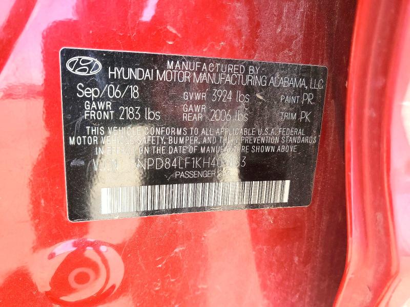 47109636 :رقم المزاد ، 5NPD84LF1KH403833 vin ، 2019 Hyundai Elantra مزاد بيع