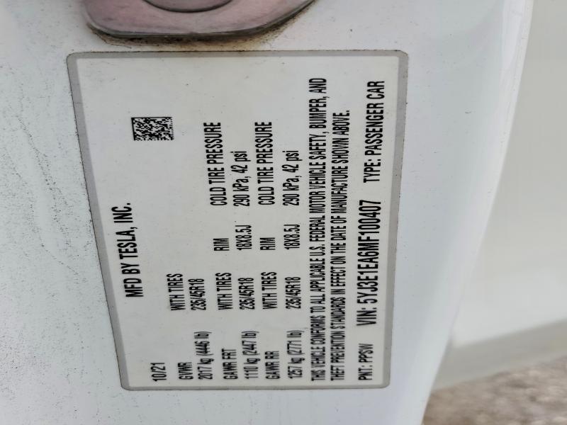Aukcja sprzedaży 2021 Tesla Model 3, vin: 5YJ3E1EA6MF100407, numer aukcji: 41933206