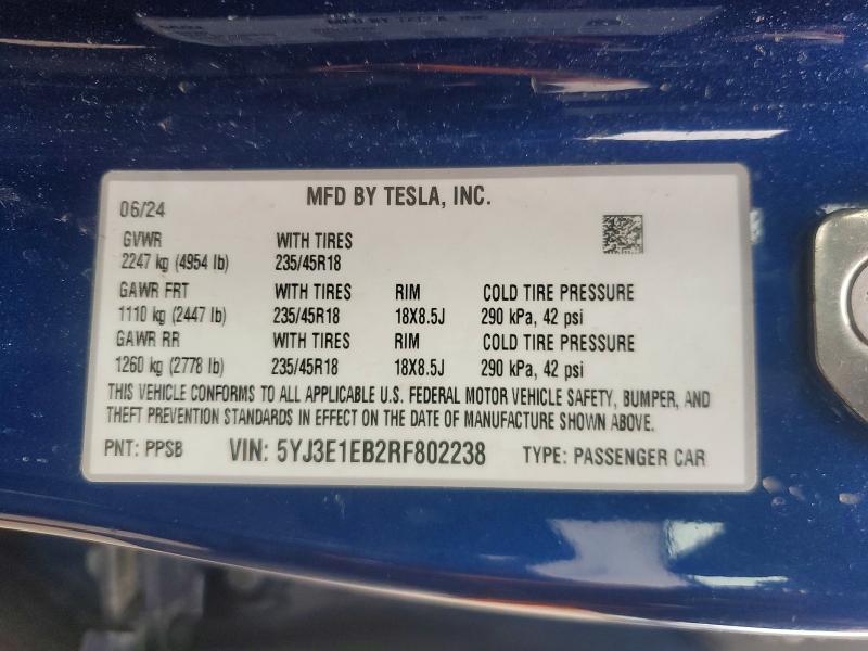 Продаж на аукціоні авто 2024 Tesla Model 3, vin: 5YJ3E1EB2RF802238, номер лоту: 47629296