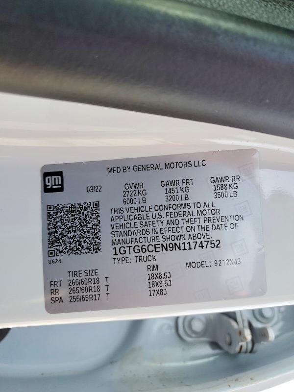Продаж на аукціоні авто 2022 Gmc Canyon, vin: 1GTG6CEN9N1174752, номер лоту: 47093476