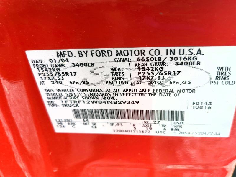 Aukcja sprzedaży 2004 Ford F150, vin: 1FTRF12W84NB29349, numer aukcji: 96373415