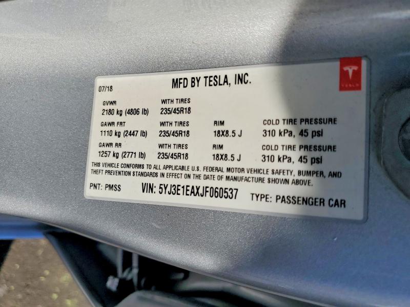 Продажа на аукционе авто 2018 Tesla Model 3, vin: 5YJ3E1EAXJF060537, номер лота: 41639926