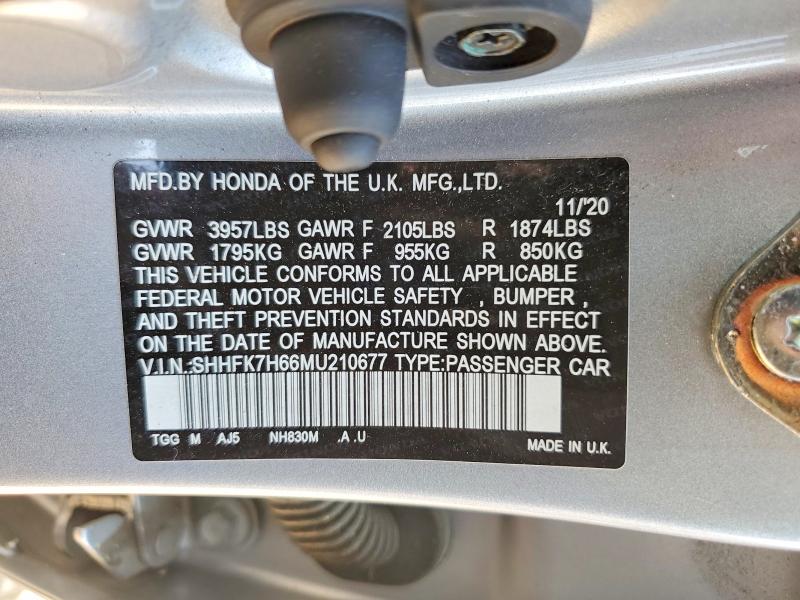 Auction sale of the 2021 Honda Civic, vin: SHHFK7H66MU210677, lot number: 46320386