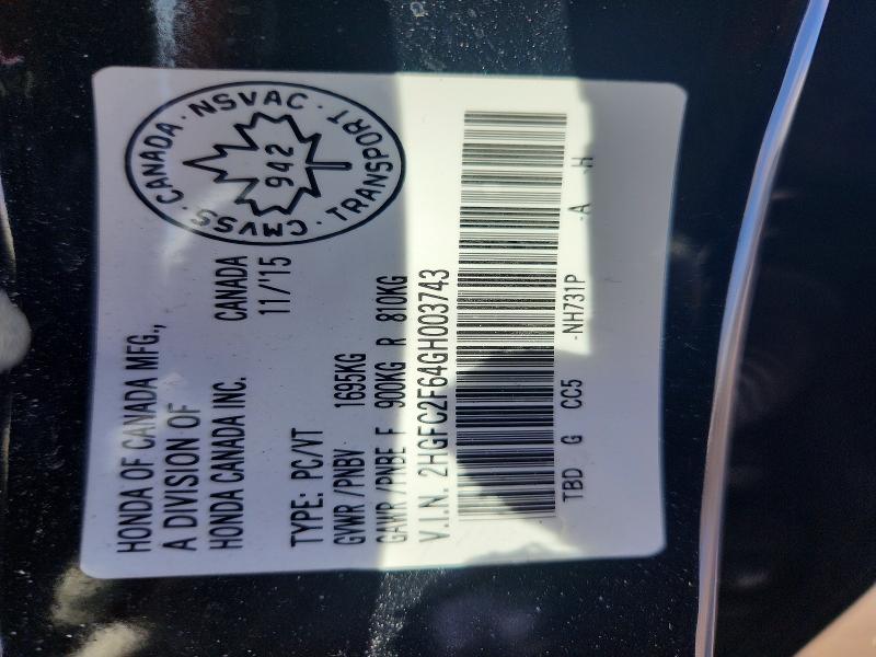 Aukcja sprzedaży 2016 Honda Civic, vin: 2HGFC2F64GH003743, numer aukcji: 45619406