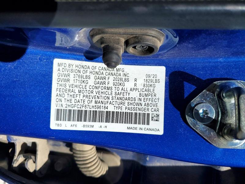 Продажа на аукционе авто 2020 Honda Civic, vin: 2HGFC2F67LH596184, номер лота: 79207865
