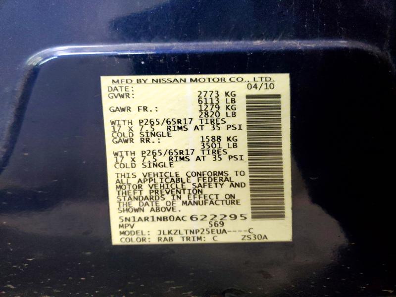 2010 Nissan Pathfinder მანქანა იყიდება აუქციონზე, vin: 5N1AR1NB0AC622295, აუქციონის ნომერი: 47590056