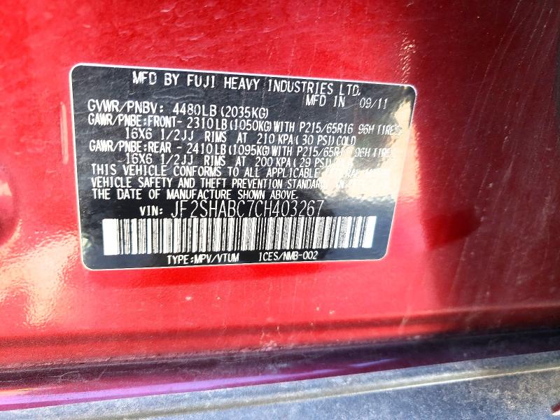 Aukcja sprzedaży 2012 Subaru Forester, vin: JF2SHABC7CH403267, numer aukcji: 46012336