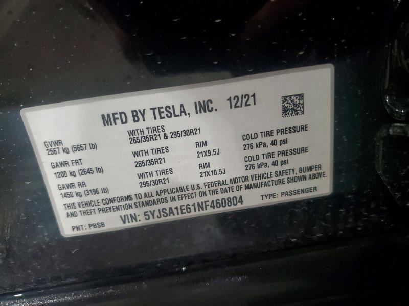 Продажа на аукционе авто 2022 Tesla Model S, vin: 5YJSA1E61NF460804, номер лота: 47956326