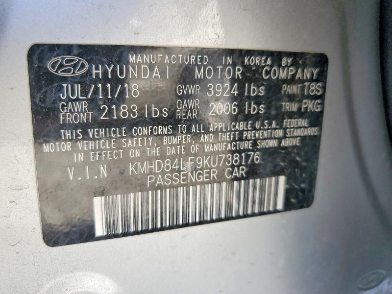 47910196 :رقم المزاد ، KMHD84LF9KU738176 vin ، 2019 Hyundai Elantra مزاد بيع