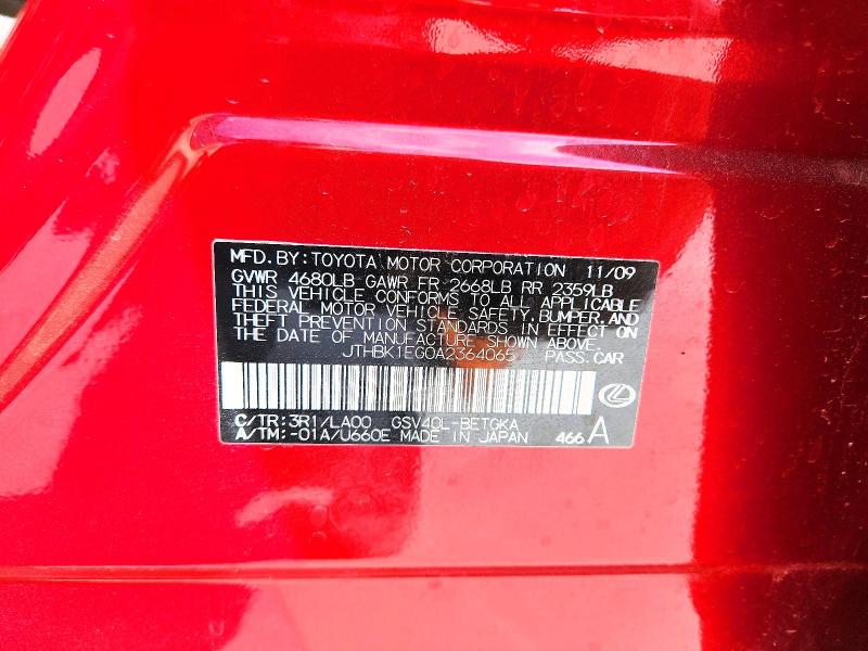 48049996 :رقم المزاد ، JTHBK1EG0A2364065 vin ، 2010 Lexus Es 350 مزاد بيع