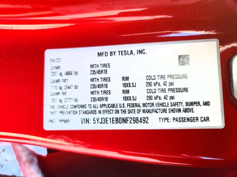 Продажа на аукционе авто 2022 Tesla Model 3, vin: 5YJ3E1EB0NF298492, номер лота: 77167365