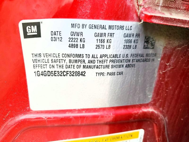 2012 Buick Lacrosse მანქანა იყიდება აუქციონზე, vin: 1G4GD5E32CF320842, აუქციონის ნომერი: 48128366