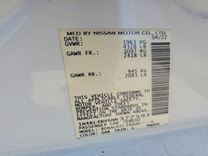 2022 Nissan Altima მანქანა იყიდება აუქციონზე, vin: 1N4BL4BV6NN377593, აუქციონის ნომერი: 47645166