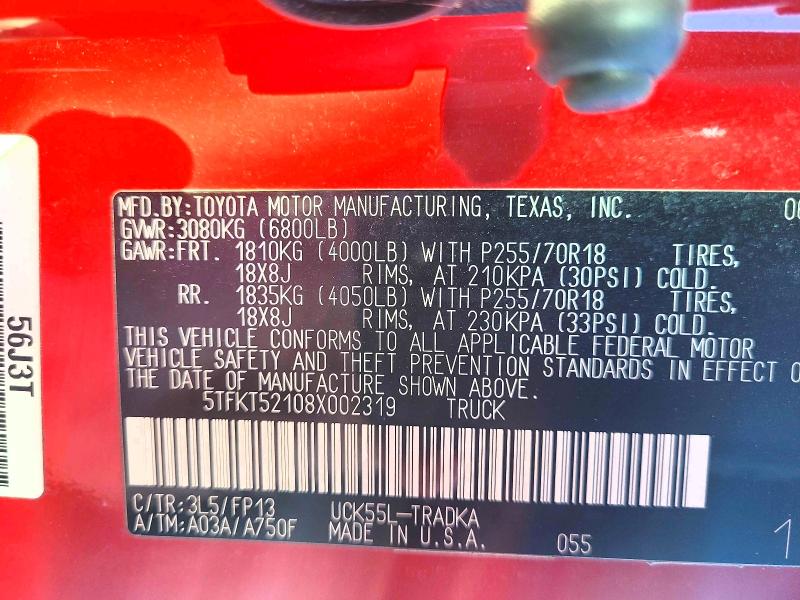 2008 Toyota Tundra მანქანა იყიდება აუქციონზე, vin: 5TFKT52108X002319, აუქციონის ნომერი: 79665885