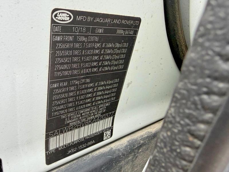 Aukcja sprzedaży 2019 Land Rover Range Rover Sport, vin: SALWR2RV8KA420377, numer aukcji: 46861216