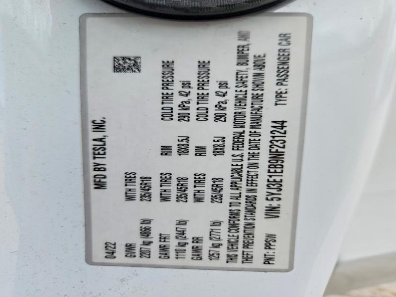 Продажа на аукционе авто 2022 Tesla Model 3, vin: 5YJ3E1EB9NF231244, номер лота: 47980406