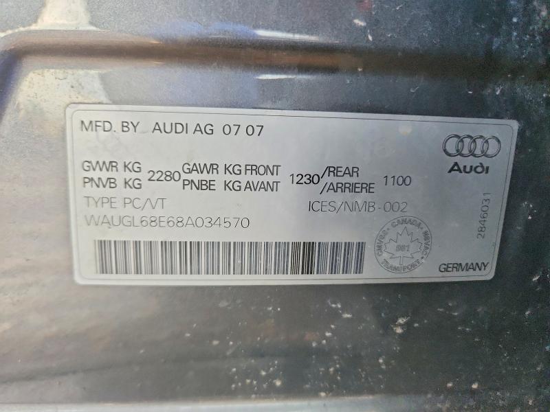 2008 Audi S4 მანქანა იყიდება აუქციონზე, vin: WAUGL68E68A034570, აუქციონის ნომერი: 46411496