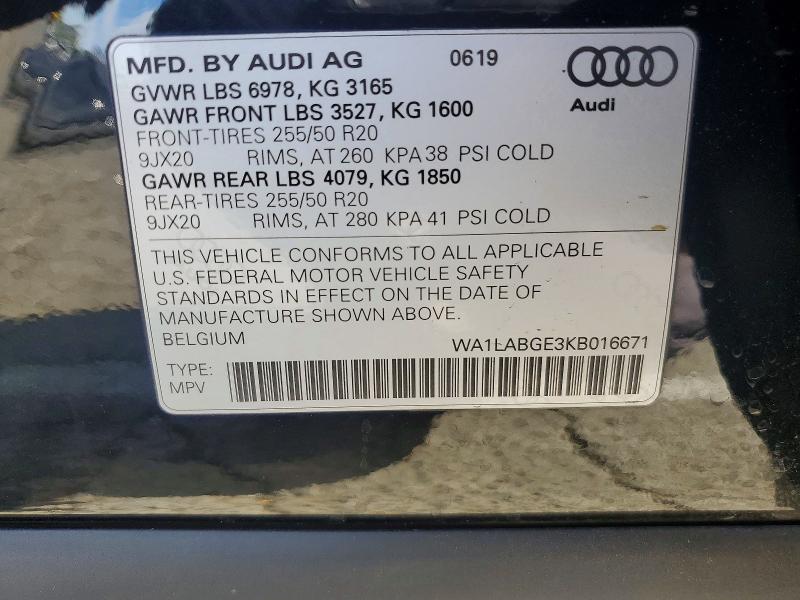 2019 Audi E-tron მანქანა იყიდება აუქციონზე, vin: WA1LABGE3KB016671, აუქციონის ნომერი: 48142156