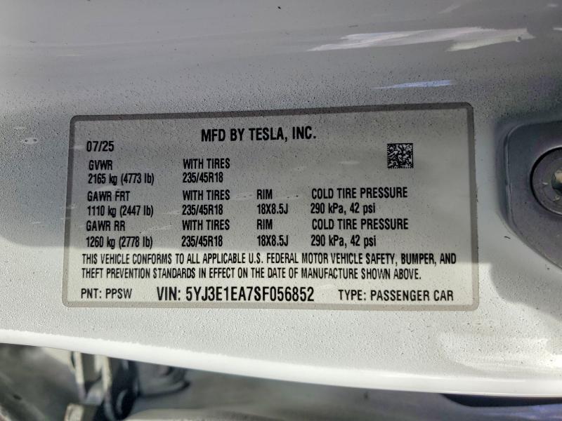 Aukcja sprzedaży 2025 Tesla Model 3, vin: 5YJ3E1EA7SF056852, numer aukcji: 47427736