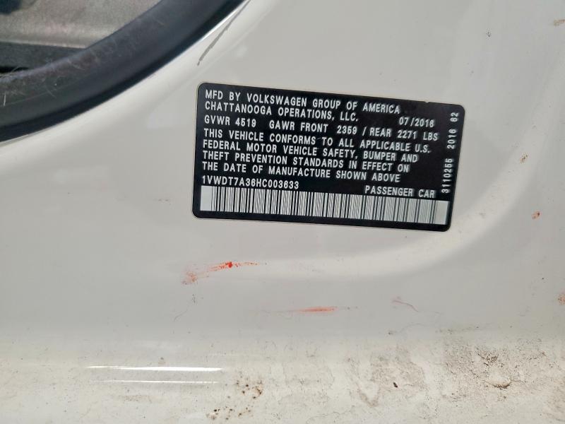 Продаж на аукціоні авто 2017 Volkswagen Passat, vin: 1VWDT7A36HC003633, номер лоту: 46576066